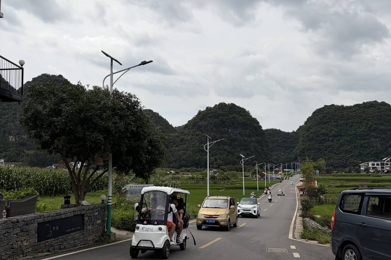 An open public road through Wanfenglin with an electric buggy and cars, no gate or ticket booth